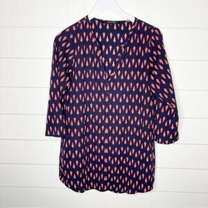 19 Cooper Clemency Diamond Print Split Neck Tunic Top Navy Orange Size Small